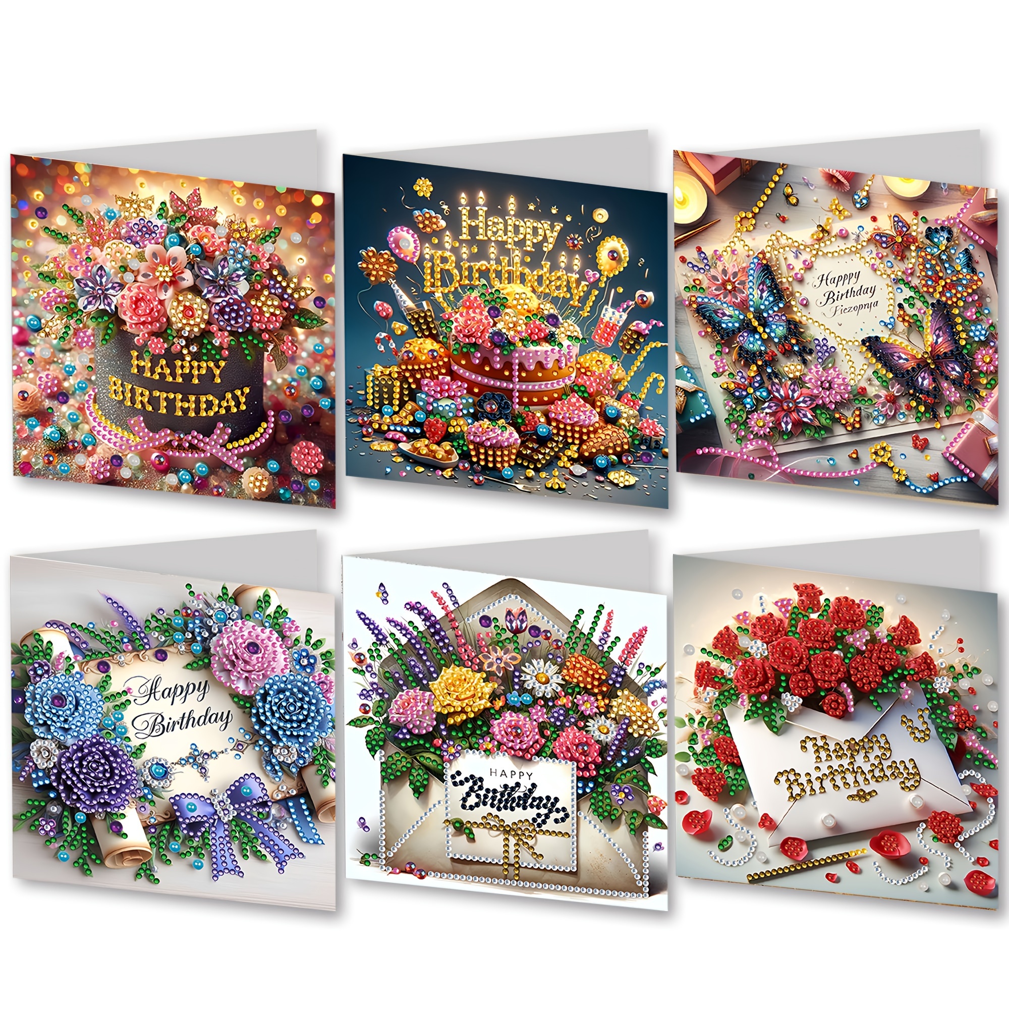 Image of A Diamond Painting Birthday Card Set With 6pcs, Including 6 Envelopes, To Create Birthday Wishes. It Features 5d Designs In 6 Different Styles, And Completed, The Entire Card More