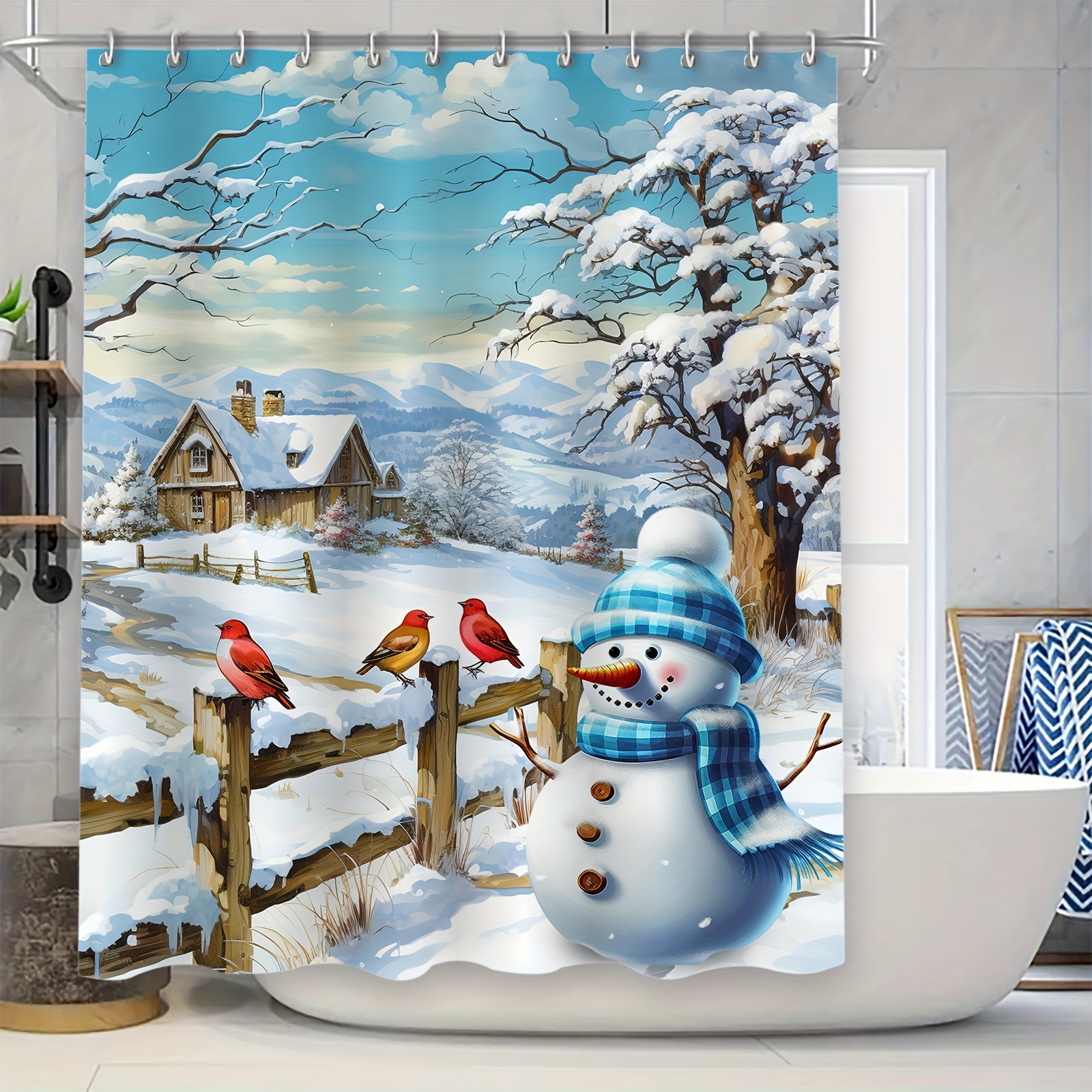 

Christmas Snow Scene With Blue Snowman Shower Curtain Set, Water-resistant Polyester Bathroom Decor With 12 Eyelets, Woven Fashion Themed Curtain For Home, Machine Washable, Unlined - 1pc, 70.8"x70.8