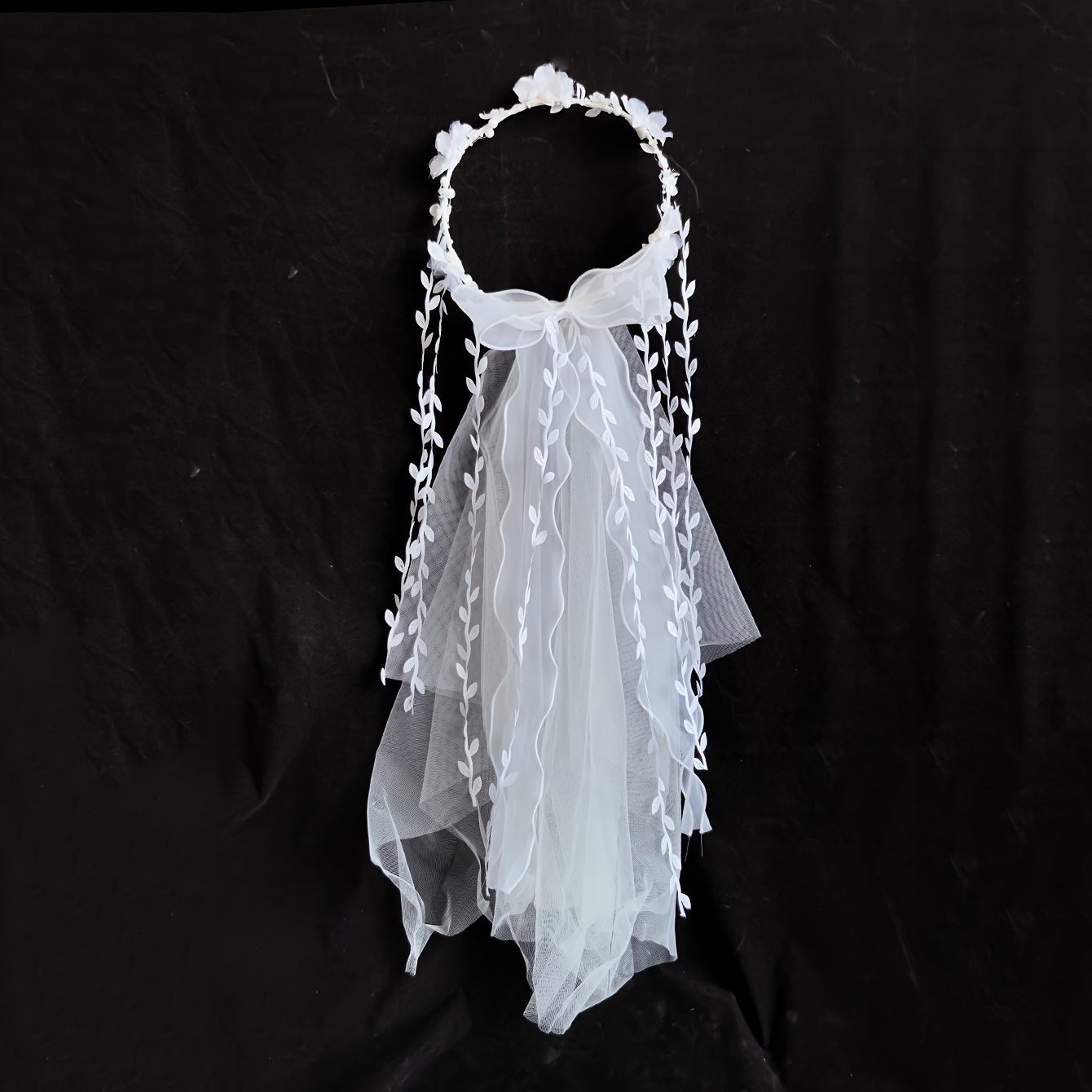 TEMU 1pc Leaf Embroidered Flower Crown Veil With Bow, Romantic Boho Style, Ideal For Outdoor Weddings, Elopements, Graduation Shoots And Bridal Party