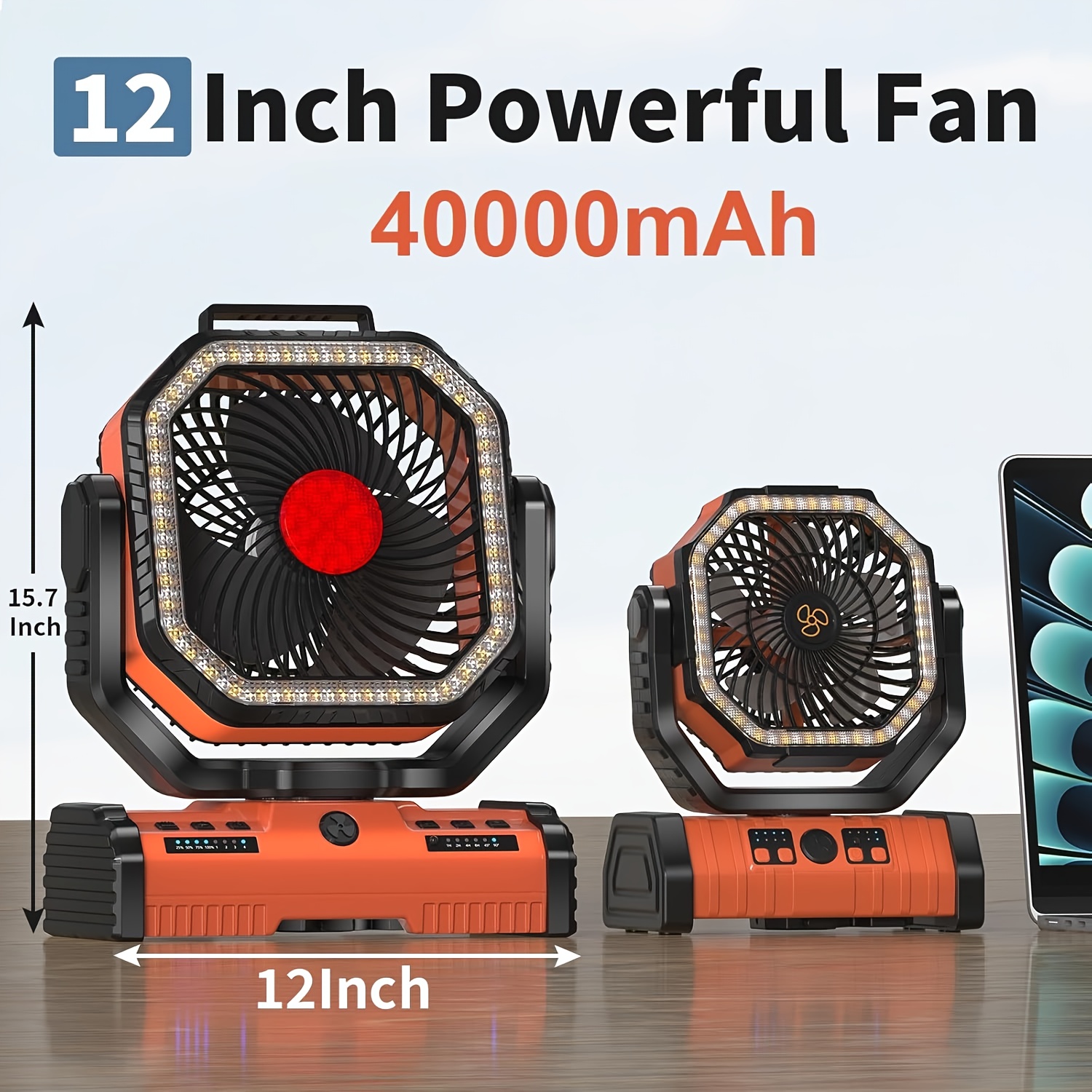TEMU 40000mah Battery Powered Camping Fan, 12-inch Portable Camping Fan, 4 Wind , 140-hour Led Light, Warm And Cool Light, Sos Mode, Automatic , 360°