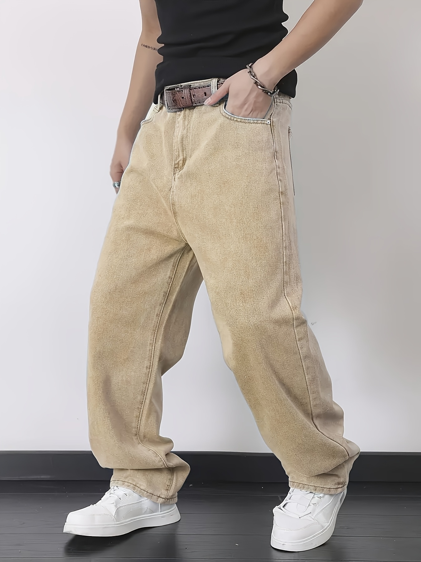 *'* Brown Washed Denim Jeans Relaxed Fit Vintage Style, Heavy-Duty  Non-Stretch Fabric Casual Outdoor Wear, Machine Washable *-* for  Everyday