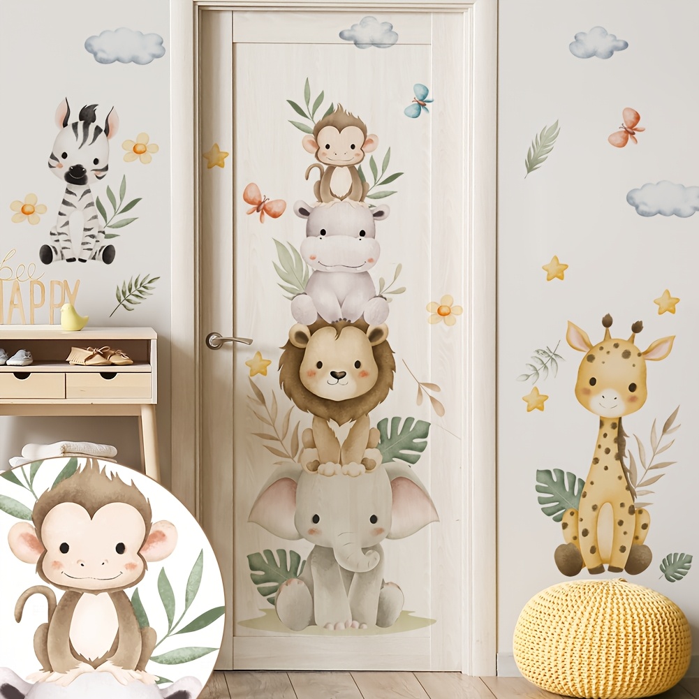 Image of Cartoon Cute Elephant Lion Giraffe Decorative Door Sticker Suitable For , Bedrooms, Living Rooms, Sofas, Backgrounds, Wall Decorations, Wall Stickers