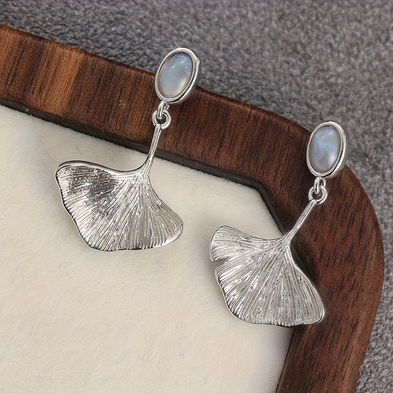 E-shop Ginkgo Blatt Hängeohrringe | Silberfarbene Hängeohrringe | Elegante Vintage Ohrringe | Viktorianische Boho Braut Schmuck Brautjungfern Geschenk