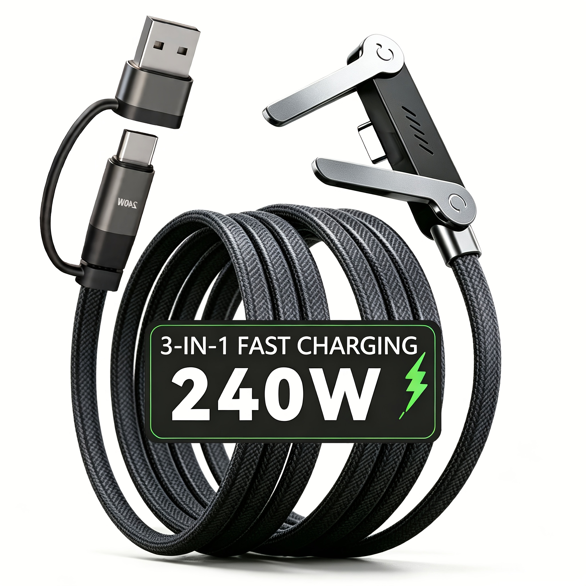 كابل شاحن سريع 240 واط 2 في 1 مع حامل هاتف قابل للطي ومخفي وغير مرئي، سلك usb a إلى type c و type c إلى type c قابل للتحويل، تصميم حامل متعدد الزوايا للاستخدام في الألعاب والعمل والمنزل