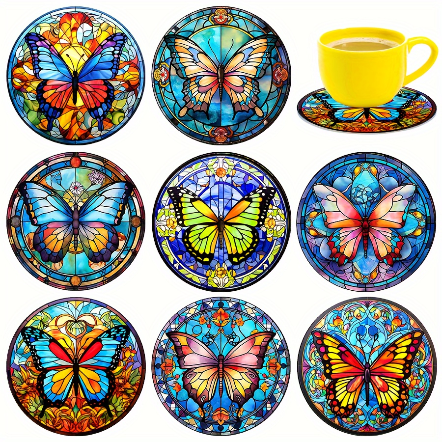 

8-piece Colorful Butterfly Coasters Set, Animal Series Wooden Drink Coasters With Non-slip Synthesis Cover, Heat-resistant Trivets For Home Kitchen Decor, Kitchen Accessories Gift Set