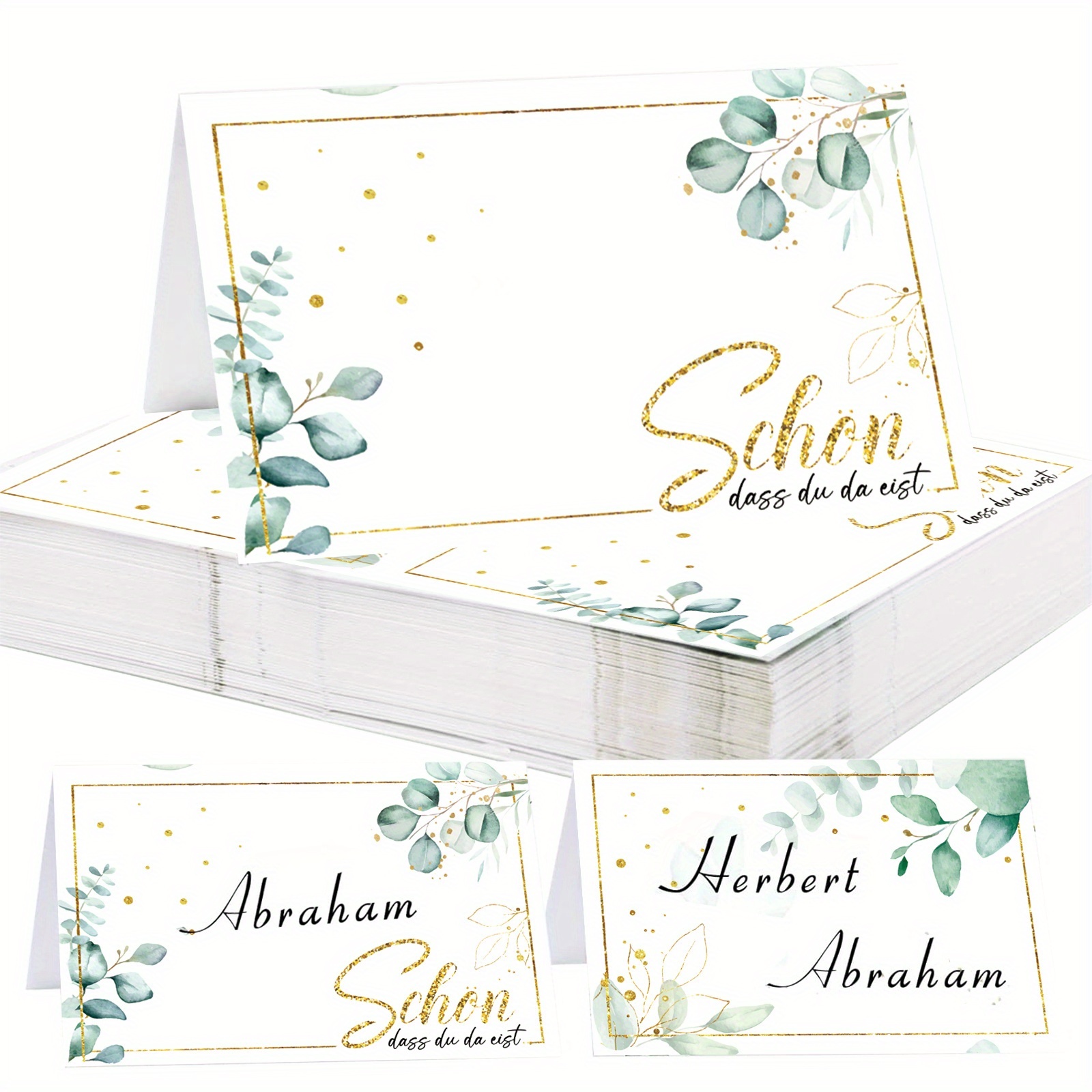 Image of 55pcs Elegantly Designed Schon Dass Du Da Bist Table Decoration Name Cards For Writing On Cards For Weddings, Birthdays, Confirmations, Communions, Baptism Celebrations And More. Fonts And Green Leaf