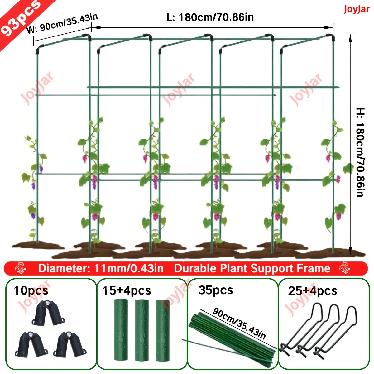 E-shop 93-teiliges, robustes Gartenstaketenset | Zusammenbau in 180 cm (70,86 Zoll) hohe Gartenstützstange, extra dickes 11 mm Durchmesser, olivgrüner