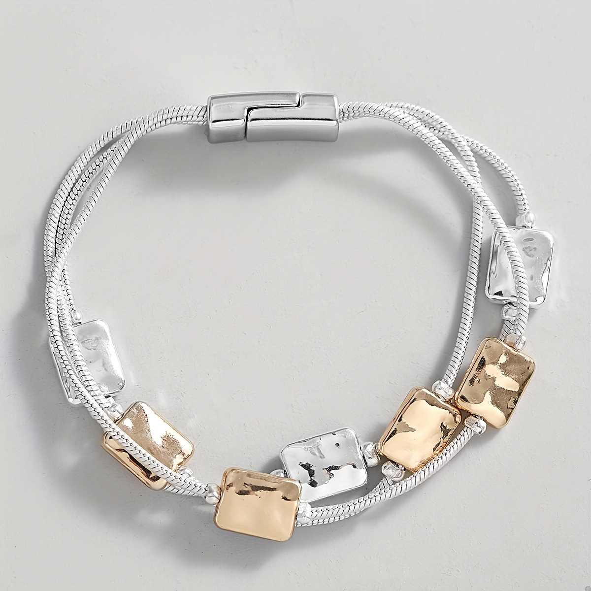 

Elegant Golden & Silvery Square Beaded Bracelet - Multi-layer Chain Design, Perfect Jewelry Gift For Parties And Events