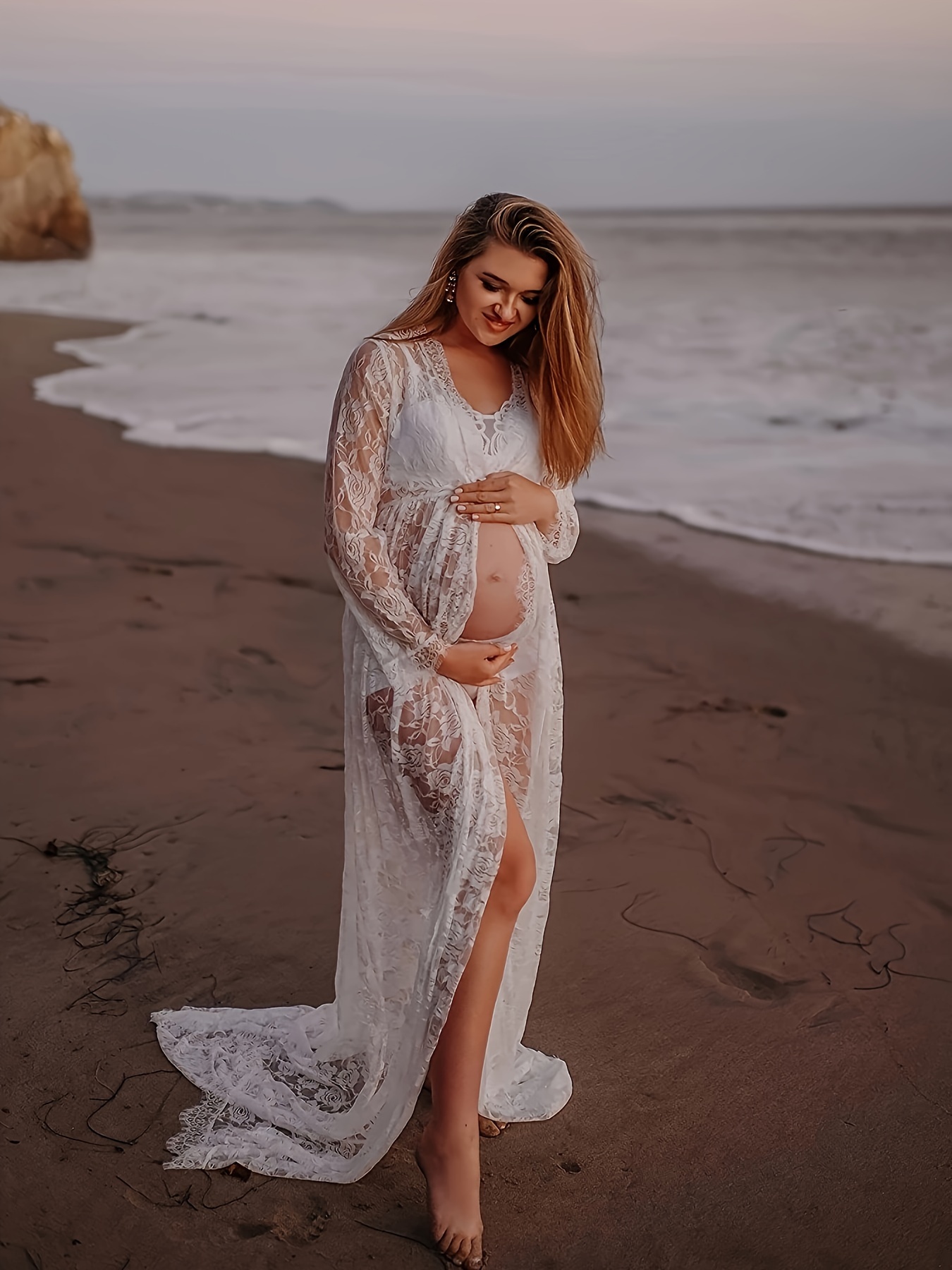 Women's * Maternity Dress - Deep V-Neck See-Photoshoot Long Sleeve Lace  Wedding & Photoshoot gown, Elegant Pregnancy Maxi Dress for Formal Events,