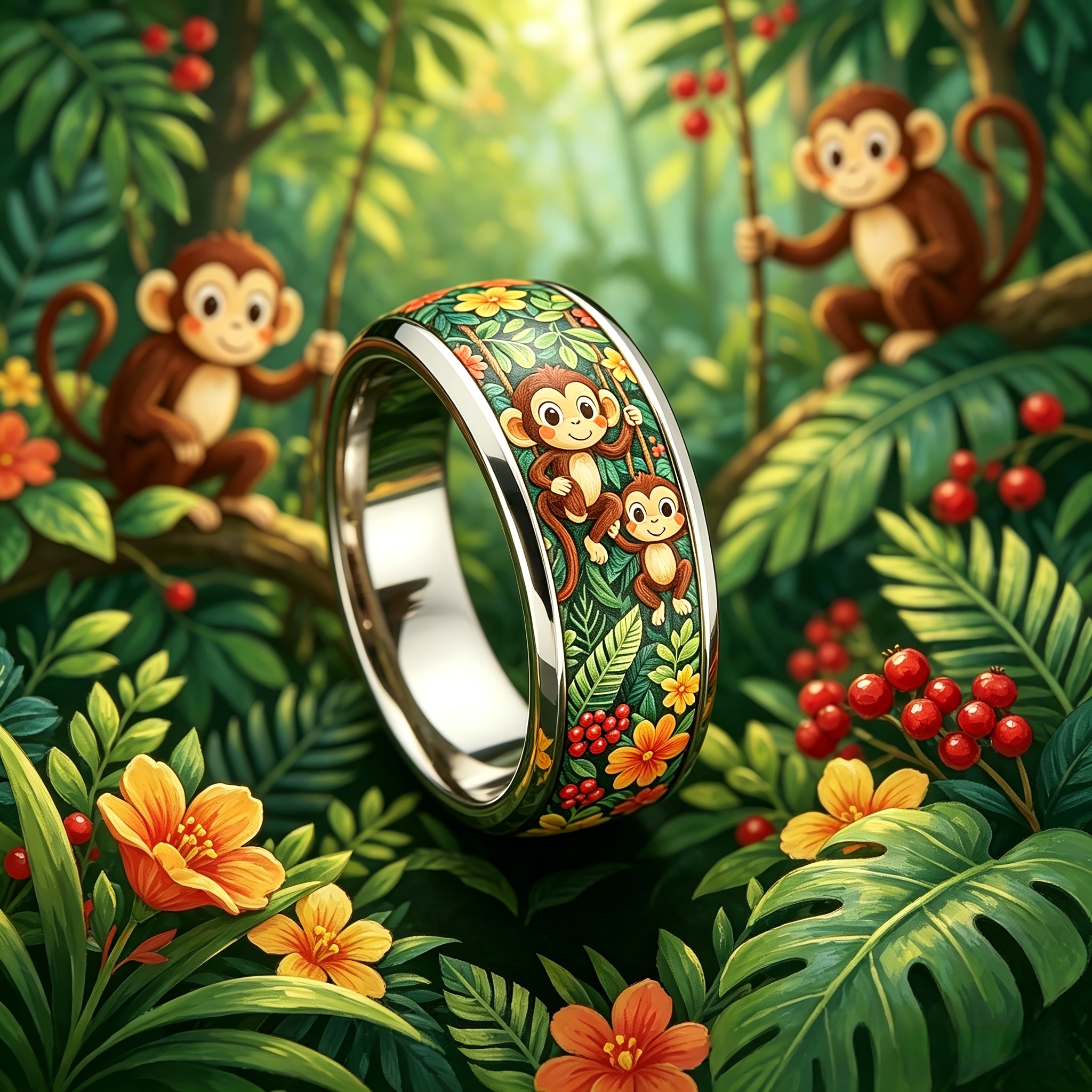 Jungle Monkey Cartoon Stainless Steel Ring, Hypoallergenic