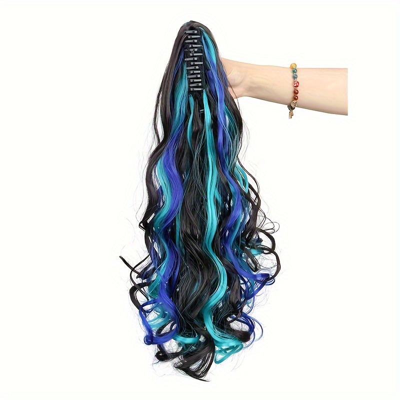Synthetic Long Curly Wave Colorful Ponytail Clamped On Ponytail Fluffy Colorful For Women