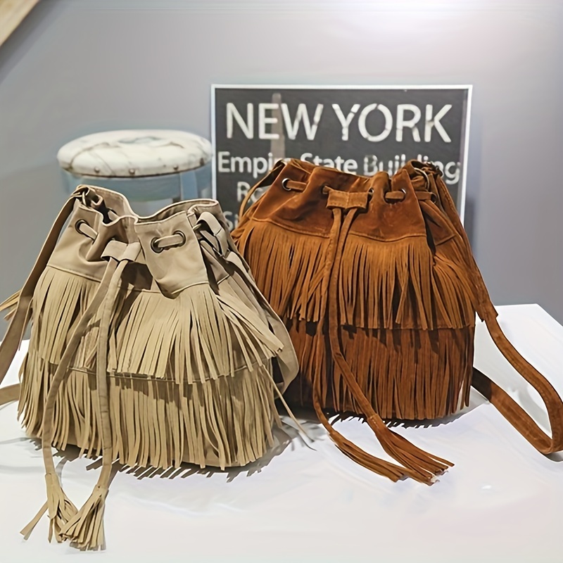 

Vintage-style Bucket Bag With Tassel, Drawstring Crossbody Bag, Simple Shoulder Bag For Travel And Daily Use