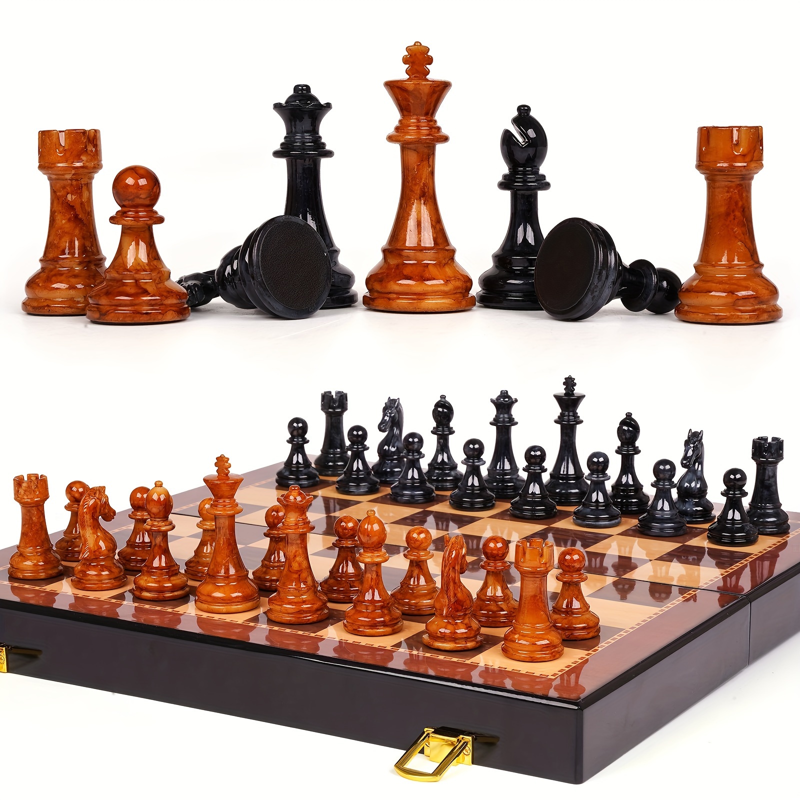 

Elegant Chess Set Board Games- 15" Travel Portable Chess Set For Adults With 2 Extra Queens, Acrylic Chess Pieces Folding Wooden Chess Board Set - For Beginners Professional