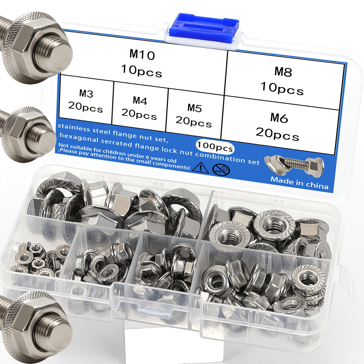 TEMU 100pcs Set Of M3-m10 Stainless Steel Flange Nuts, 8.8/10.9 Grade/hexagonal Serrated Combination Pack, Anti-slip Hexagonal Flange Set, Heavy-duty