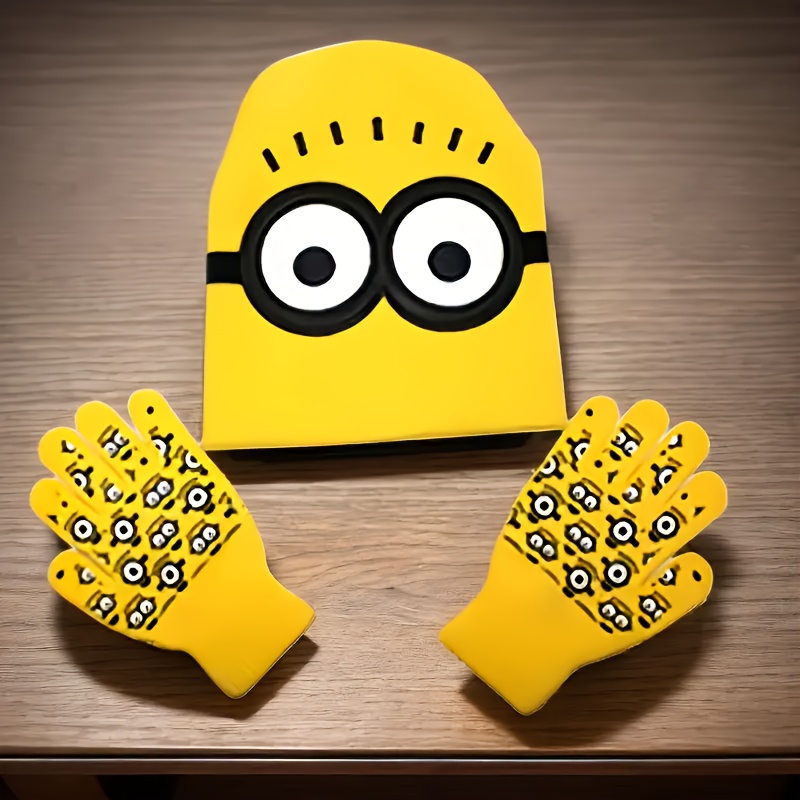 

Ensemble de 2 pièces de Bonnet et Gants en Jaune des MINIONS - Tissu Texturé Chaud avec Design Cartoon pour les Activités Extérieures en Hiver, Nettoyage à ou à Sec Uniquement, Bonnet d'Hiver