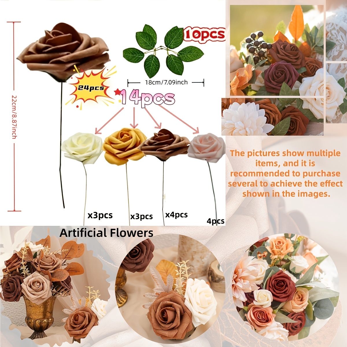 TEMU 24pcs Artificial Rose Bouquet Set Includes 14pcs Artificial Flowers And 10pcs Artificial Leaves, Realistic Roses With Stems And Green Leaves,