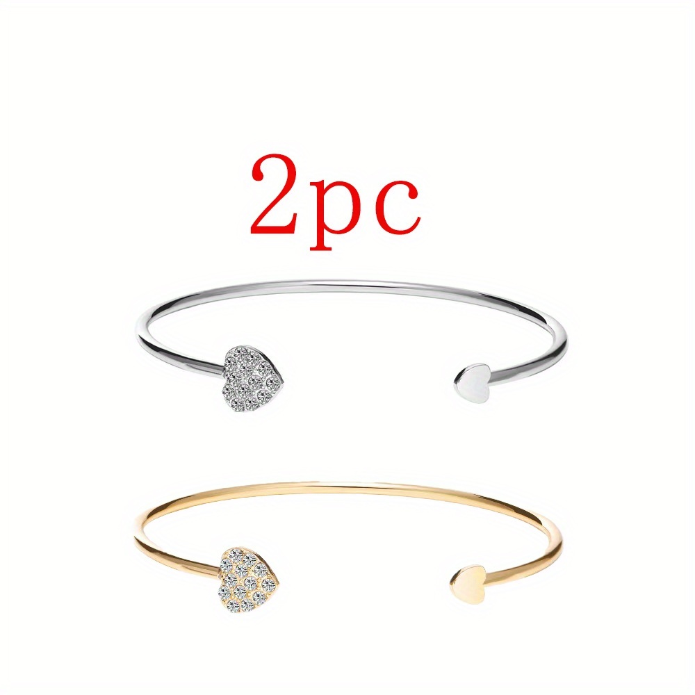 TEMU 2pcs Elegant Golden-tone Stainless Steel Bangle With Heart-shaped Synthetic Zirconia Inlay - Adjustable Open Cuff Bracelet For Women, Ideal For