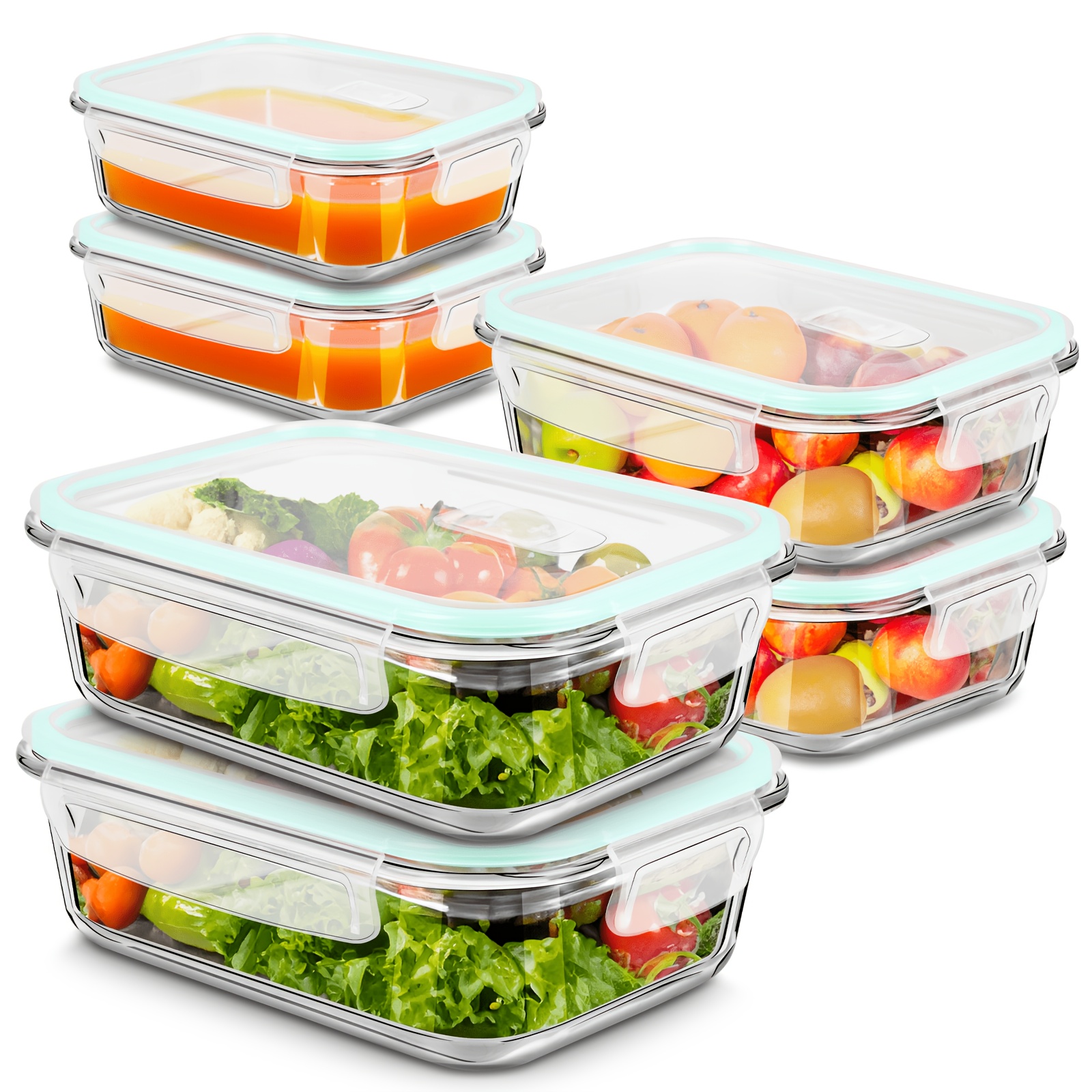 6pcs Set Of Glass Food Prep Containers, Glass Jars With Lids, Glass Storage Containers With Lids, Glass Bowls With Lids (1040ml X 2, 680ml X 2, 410ml X 2)