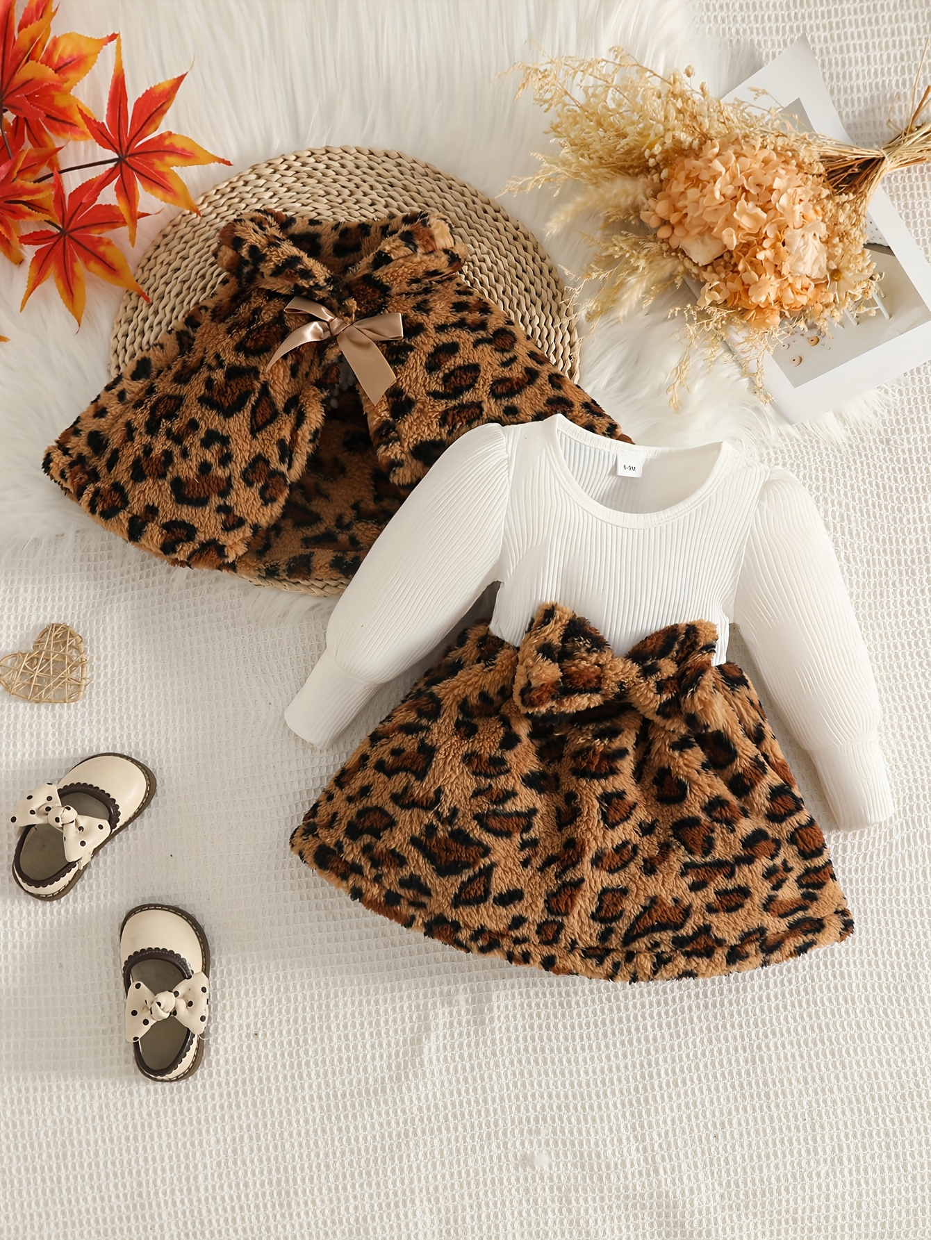 فستان بناتي بطبعة الفهد وأكمام ناعمة مع ياقة مكشكشة وتفصيلة ربطة خلفية - دفء الشتاء، خصر مرن وقصة A-Line، طقم بني/أسود/أبيض بطبعة حيوانية للأطفال حتى 12 شهرًا، للمناسبات العادية والرسمية، أزياء شتوية سهلة العناية، فستان بأكمام طويلة وحافة مكشكشة مع تفصيلة ربطة، قماش ناعم للخريف والشتاء، مقاس مريح، مثالي للأنشطة الخارجية