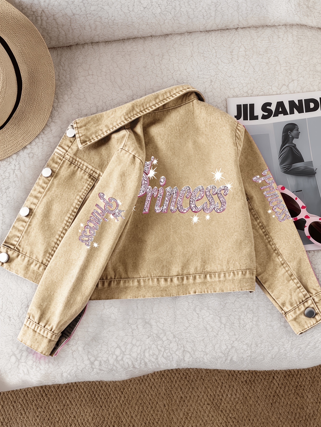 girls   glitter print denim jacket   letter same print     stylish for school outing party