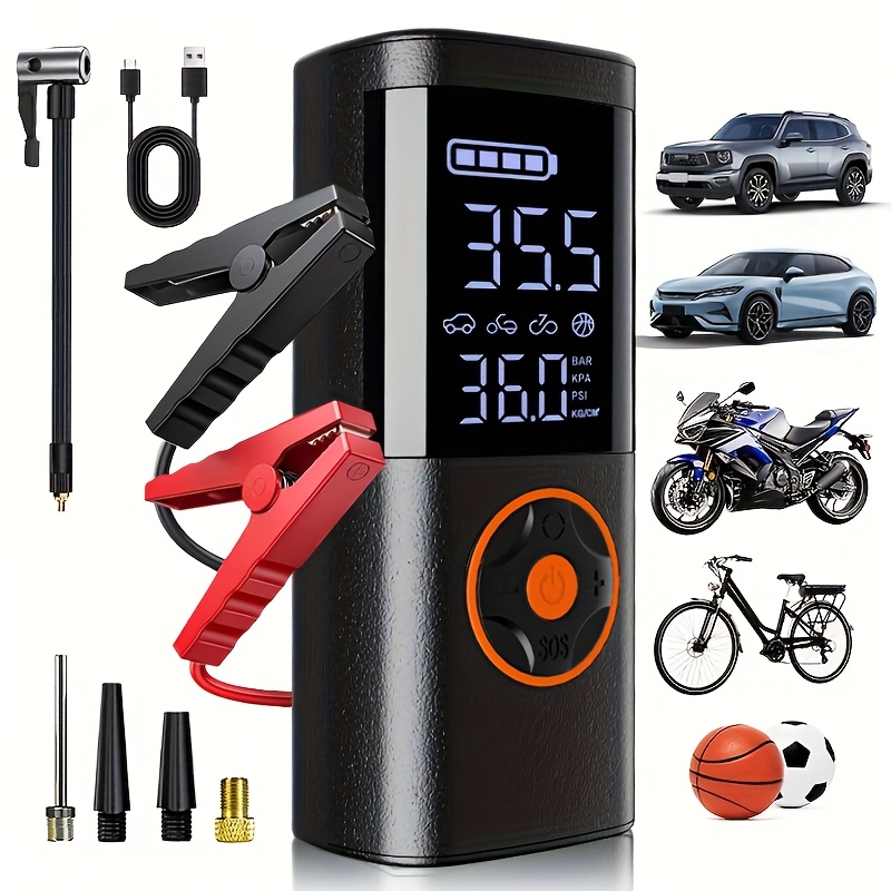 TEMU Emergency Car Jump Starter & Tire Inflator 2-in-1 - With Led Display, Usb-c Fast Charge, 150psi Air Compressor & Flashlight, Roadside Emergency