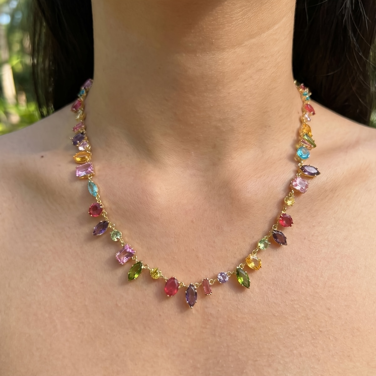 TEMU 1pc Of Women's Fashion Chain Necklace, Y2k Style, Copper Irregular Multi-shaped Colorful Artificial Zirconia Necklace, Feminine Charm Fashion