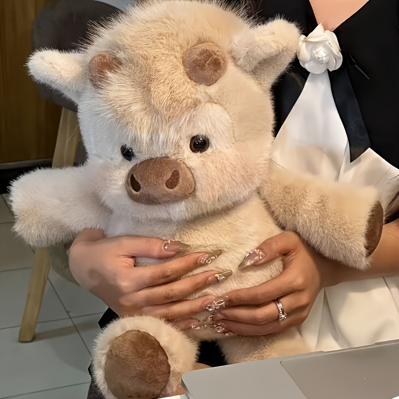 Image of 40cm/15.74in Kawaii Highland Cow Stuffed Animal Soft Plush Toy Cute Pink White Light Brown Highland Cow Plush Toy Perfect Valentine's Day, Easter Or Birthday Gift For Girls