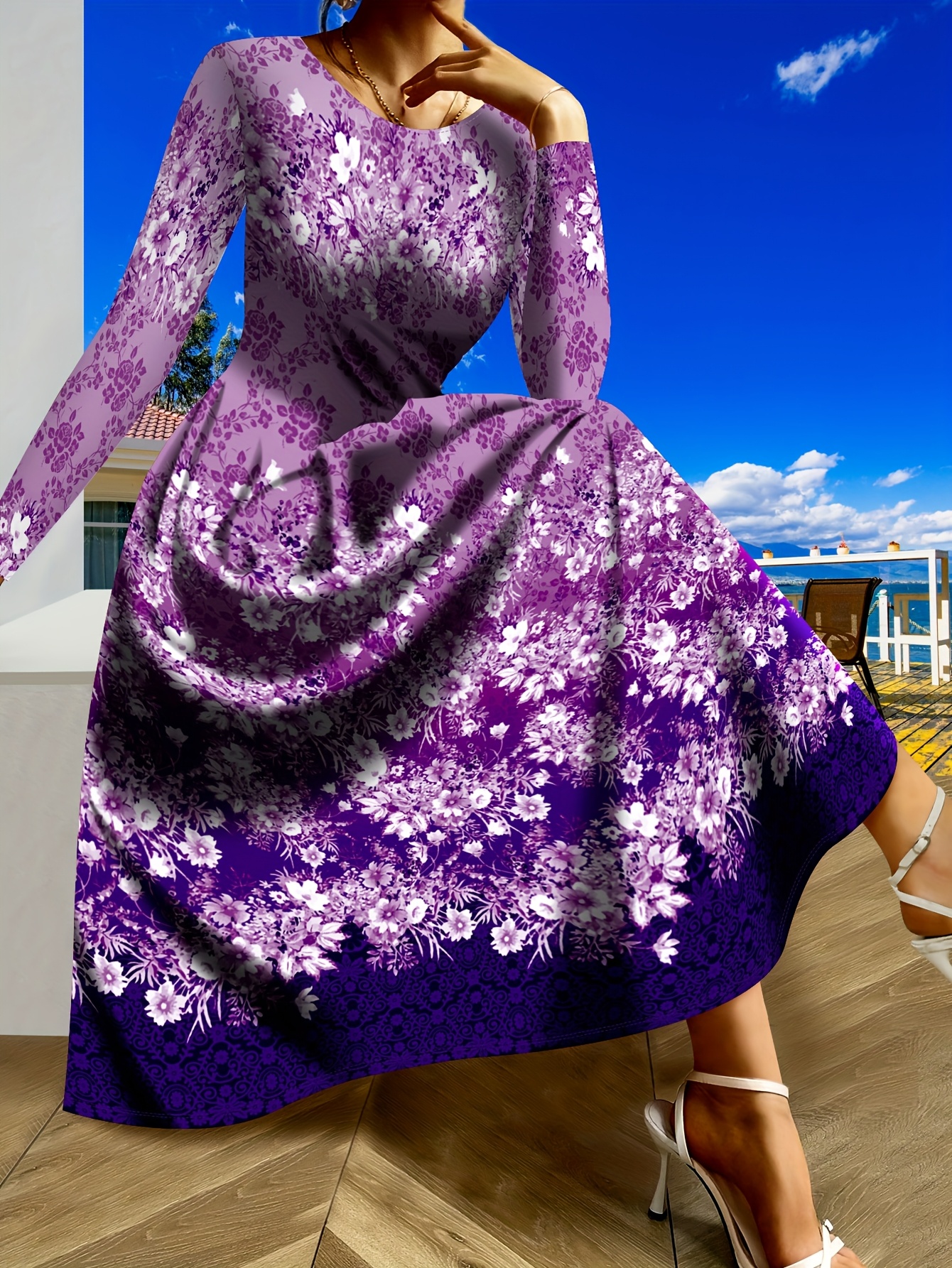 Plus Size, Women's Floral maxi Dress Flowy Long Formal Casual gowns in  Elegant Purple Floral Print, Stretchy -like Polyester/Elastane Blend for We