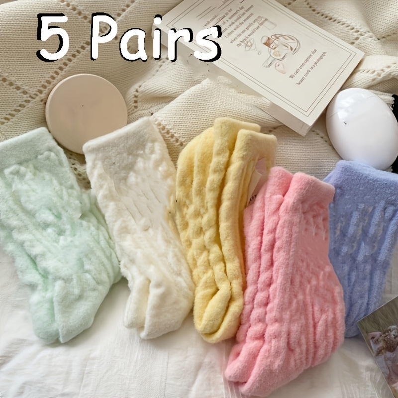 TEMU 5-pair Thick Warm Mid-calf Socks, Suitable For Spring, Autumn And Winter, Women's Candy-colored Home Socks, Plush Sleep Socks