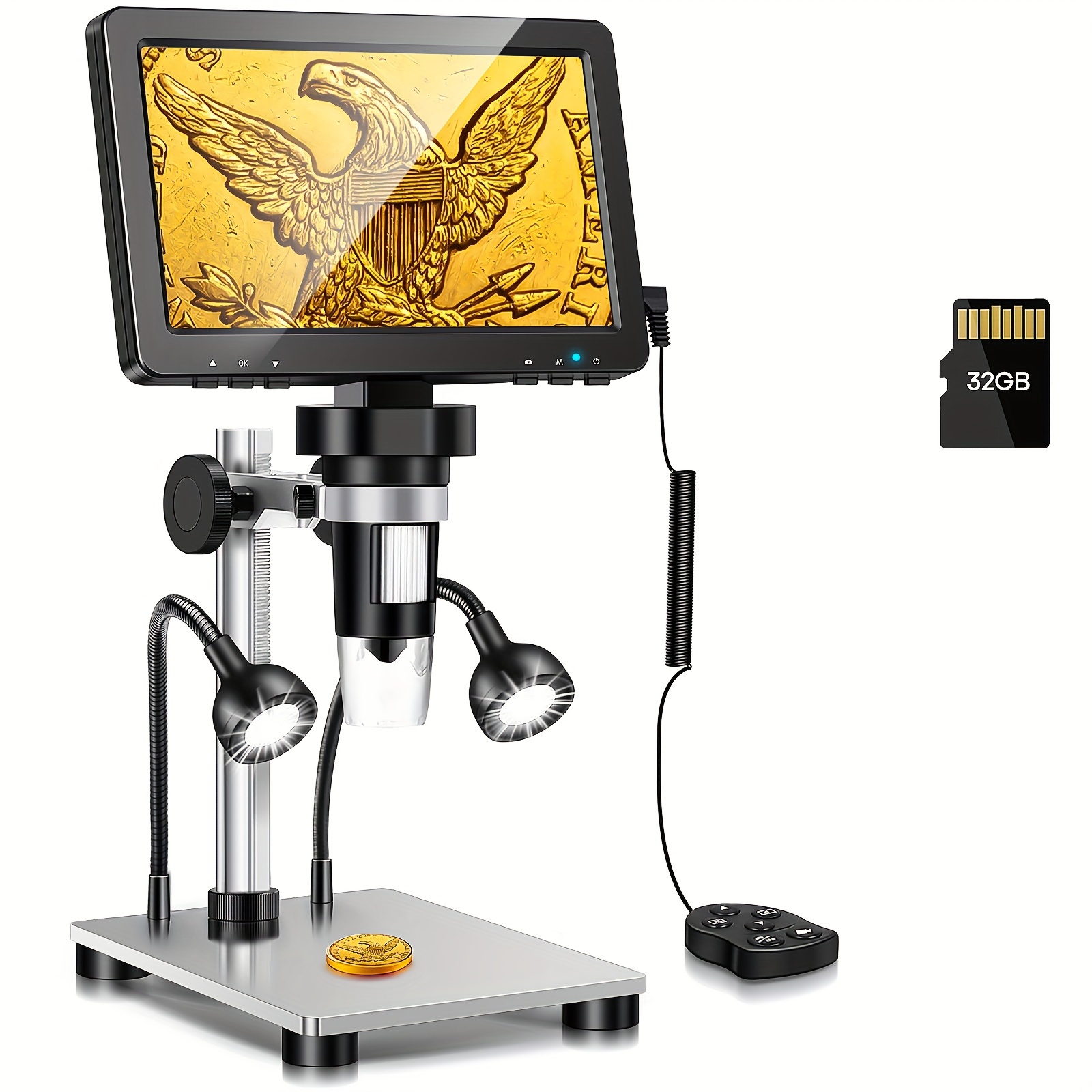 

7" Lcd Digital Microscope 1200x, Dm9 Coin Microscope 12mp Video Microscope With 8leds, Windows Compatible, 32gb