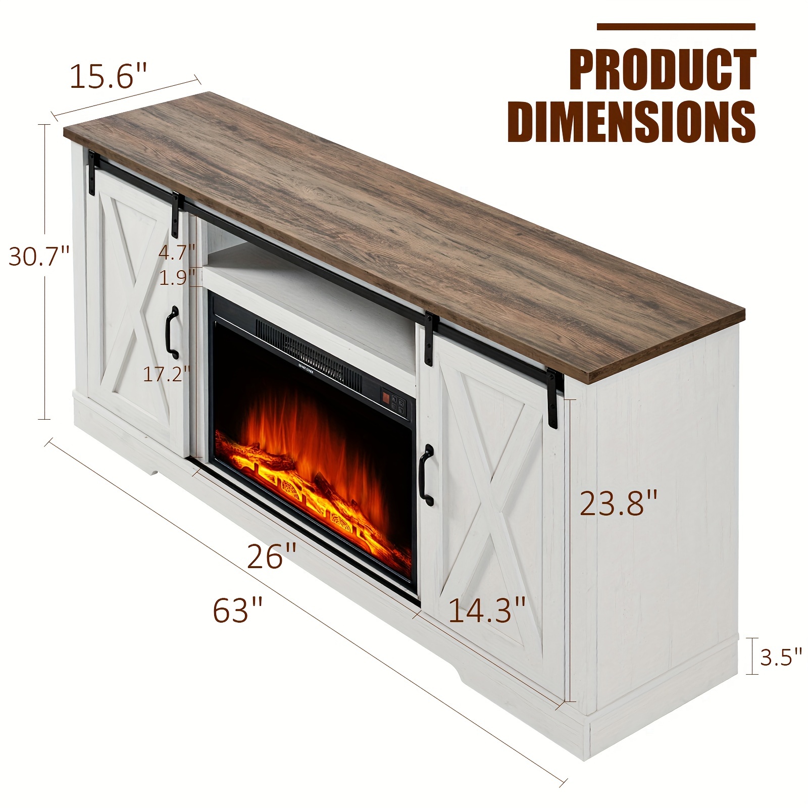 TEMU Meuble TV Cheminée avec Porte de Coulissante pour TV jusqu'à 73", Centre de Cheminée Ferme 63" avec Tiroirs de Rangement/Etagères Réglables