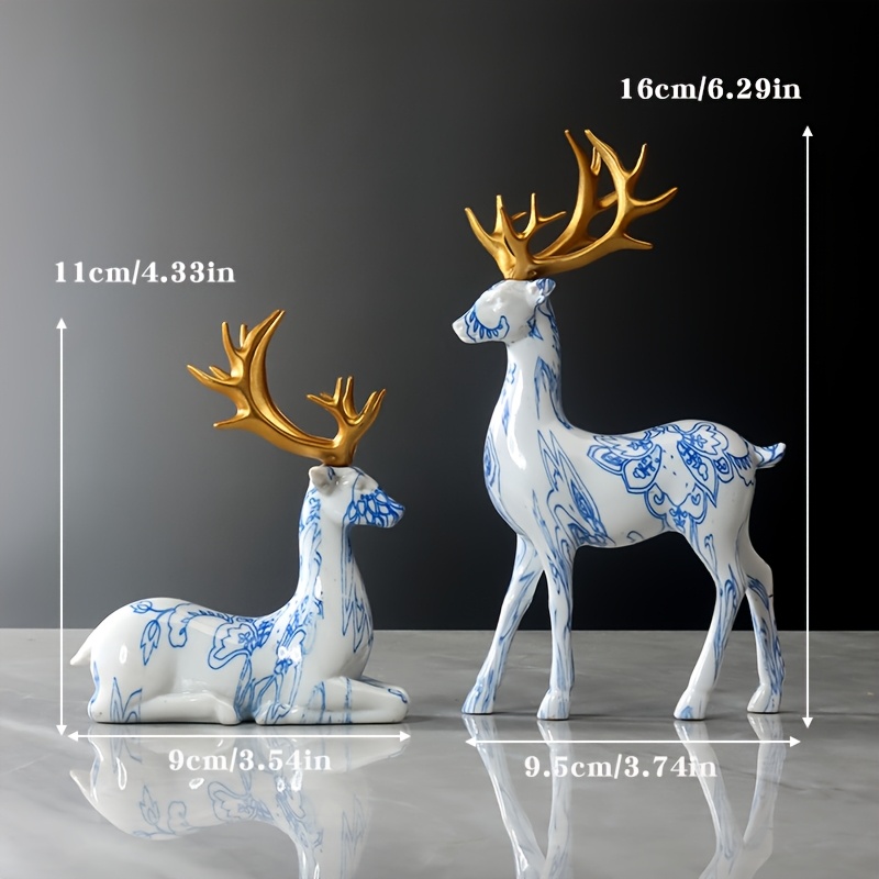 TEMU Collectible Figurines, 2pcs Light Luxury Blue And White Porcelain Pattern Elk Statue Ornaments, Desktop Decorative Crafts, Suitable For