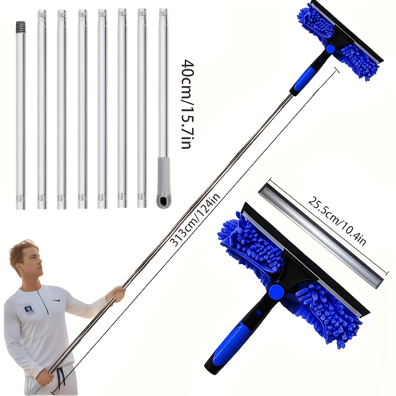124" Professional Window Wiper Cleaning And Washing Kit With Extension Pole, -one Window Wiper Cleaning Kit With 1 Rotating Head, Suitable For High Windows, Extends To 125", Glass Cleaner
