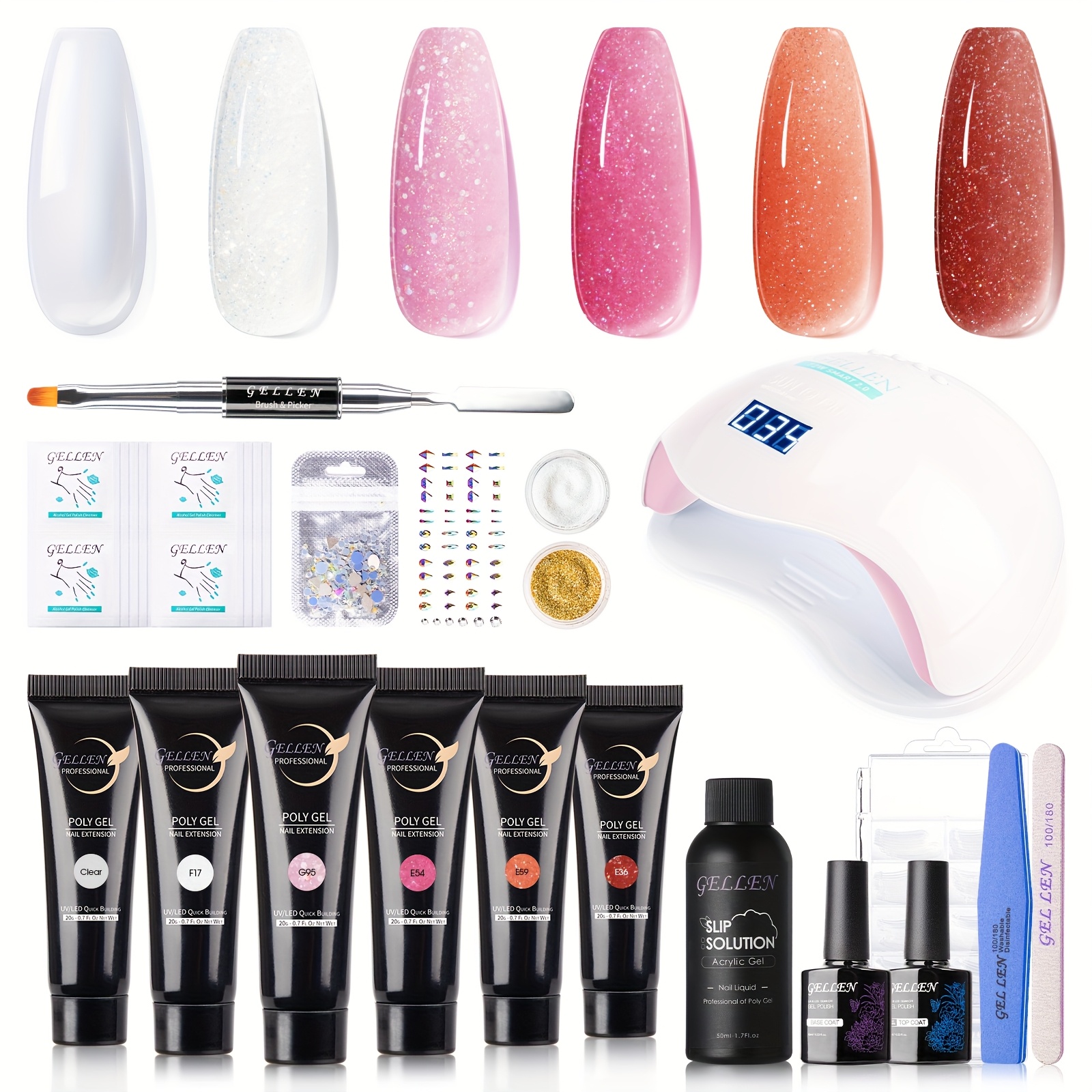 TEMU Kit de Nail Poly Gel Gellen - 6 Couleurs Nacrées Transparentes avec Lampe LED 72W, Kit de Démarrage Poly Gel, Kit d'Extension Nail Poly Gel, Gel