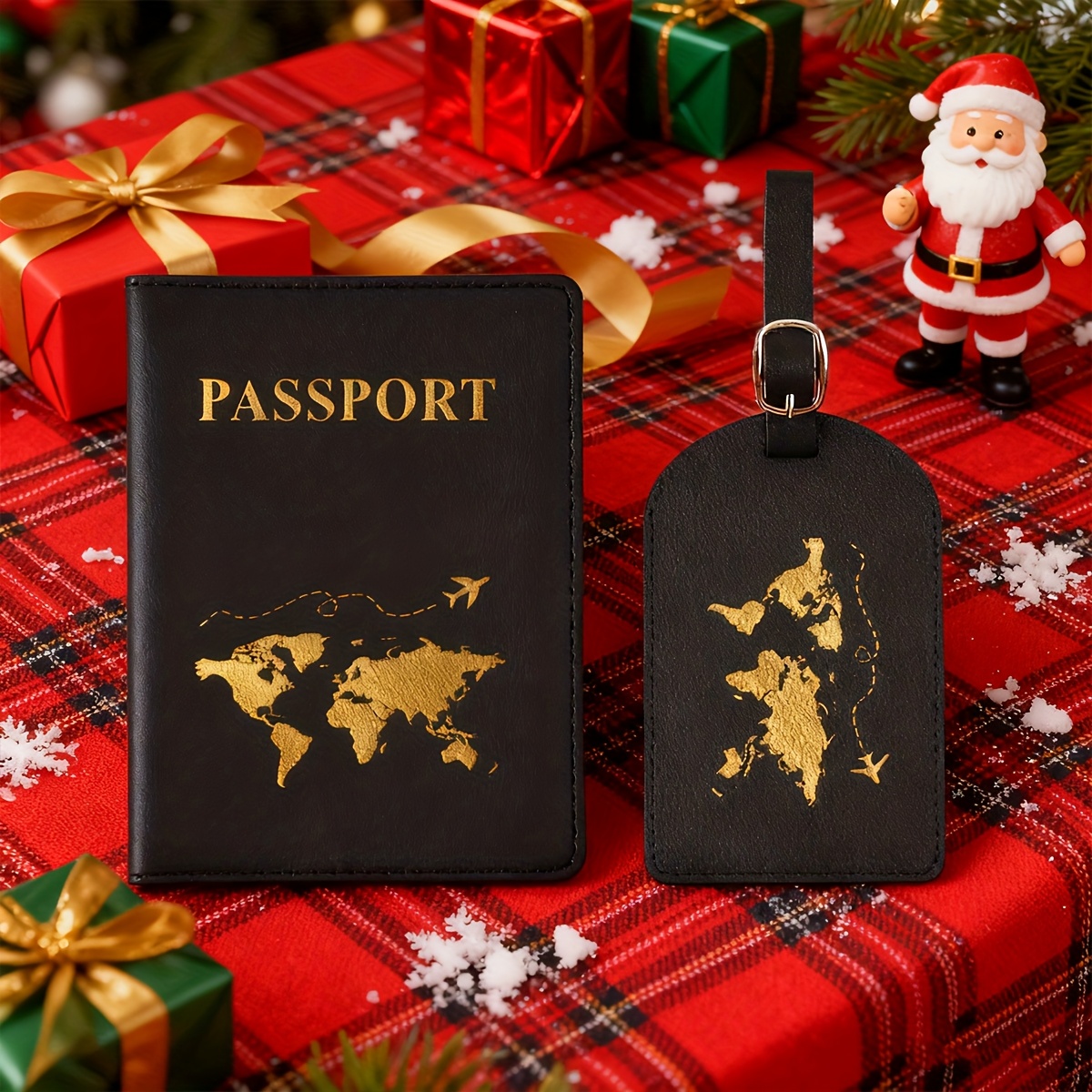 TEMU 2pcs Passport Set For Men And Women, 1pc Passport Holder + 1pc Luggage Tag, Thickened Exquisite Pvc Universal Map Passport Cover With Gilded