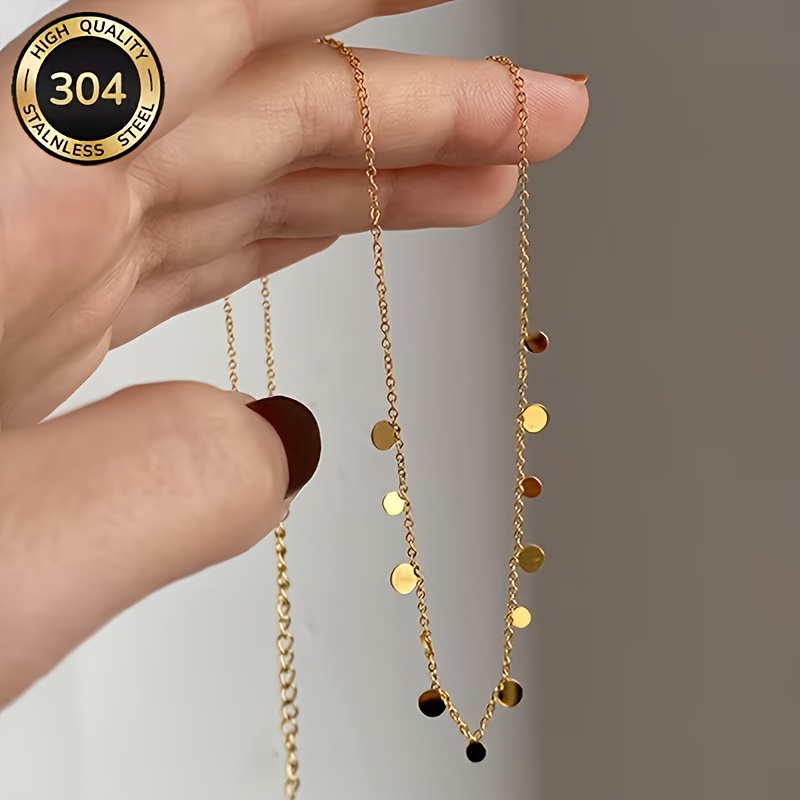 Image of 1pc 304 Stainless Steel Round Disc Tassel Collarbone Necklace, Elegant And Simple, Suitable For Daily Wear, Gatherings, Parties, Casual , Or As A Precious Jewelry Gift For Holidays