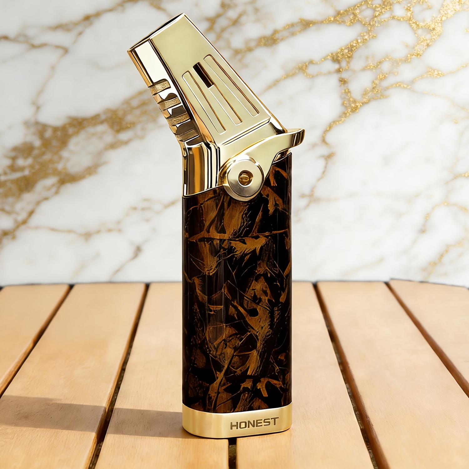 Image of Metal Fire-making Device, Exquisite Tilted Head Patterns Polished Windproof Refillable Triple Ignition Tool, Made Of Alloy