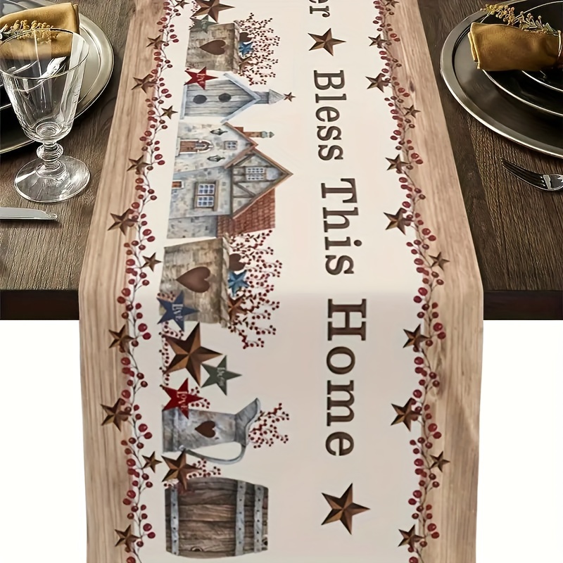 

1pc, Table Runner, Bless This Home Quote Country Star Berry Dresser Scarves Dining Table Runner For Kitchen Wedding Holiday Party Tabletop Scarf Decor