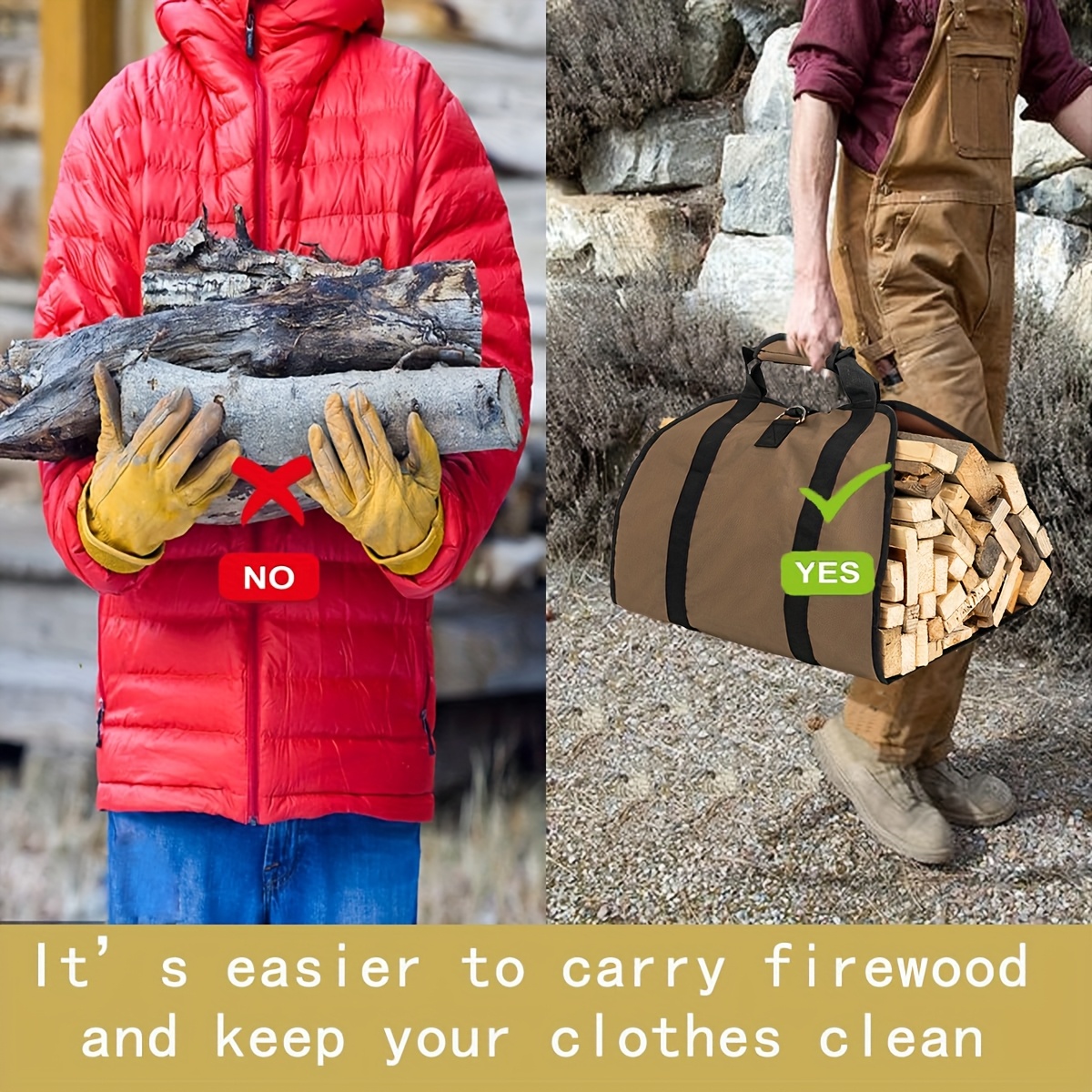 1pc canvas log carrier bag   wood tote fireplace stove accessories extra large firewood holder with handles for camping heavy duty canvas firewood carrier bag with handles security strap details 4