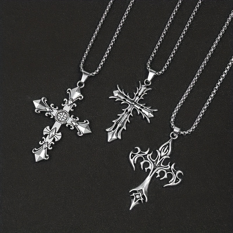Image of 3pcs Vintage Gothic Style Cross Pendant Necklace, Suitable For Daily Wear, Long Chain Accessory, Holiday, Birthday, Easter, Graduation, Father's Day Gift, Boy Necklace, Boy Jewelry, Chain Necklace