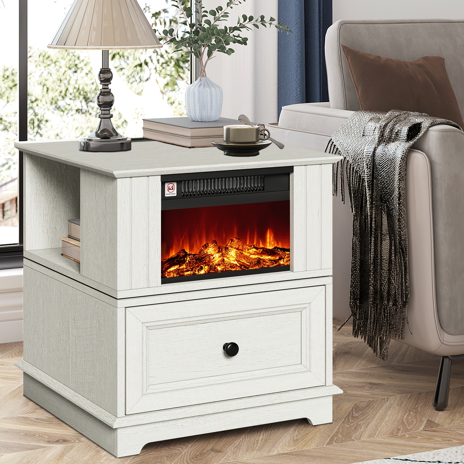 Rotating End Table with 13 Electric Side Table with Fast Charging Station 1400W Fireplace End Table with Storage Wooden Side Tab