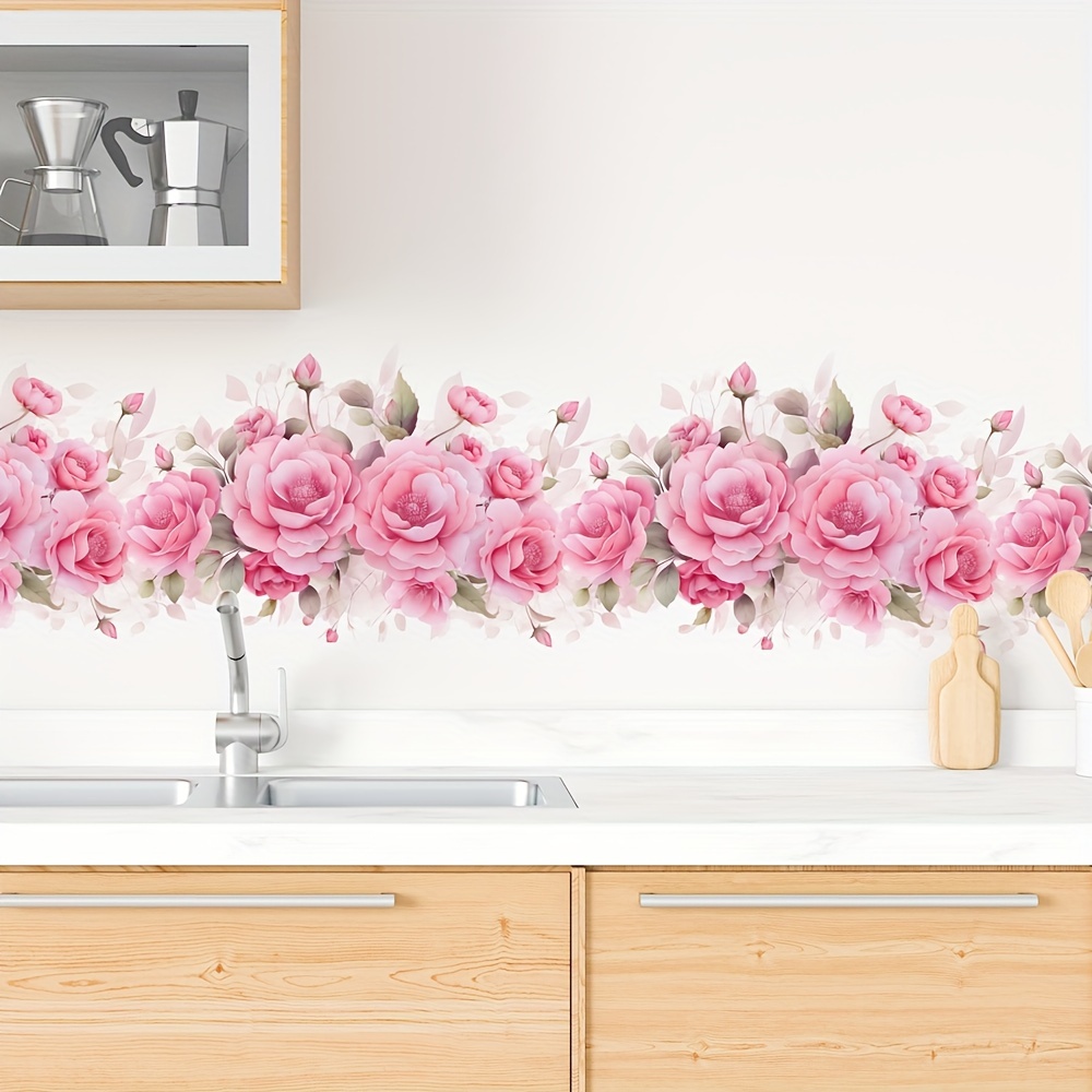 Image of Elegant Pink Floral Self-adhesive Wall Sticker - Contemporary Style, Pvc Material, Ideal For Living Room & Dining Room Decor, Easy To Apply On Glass & More, Cute Room Decor