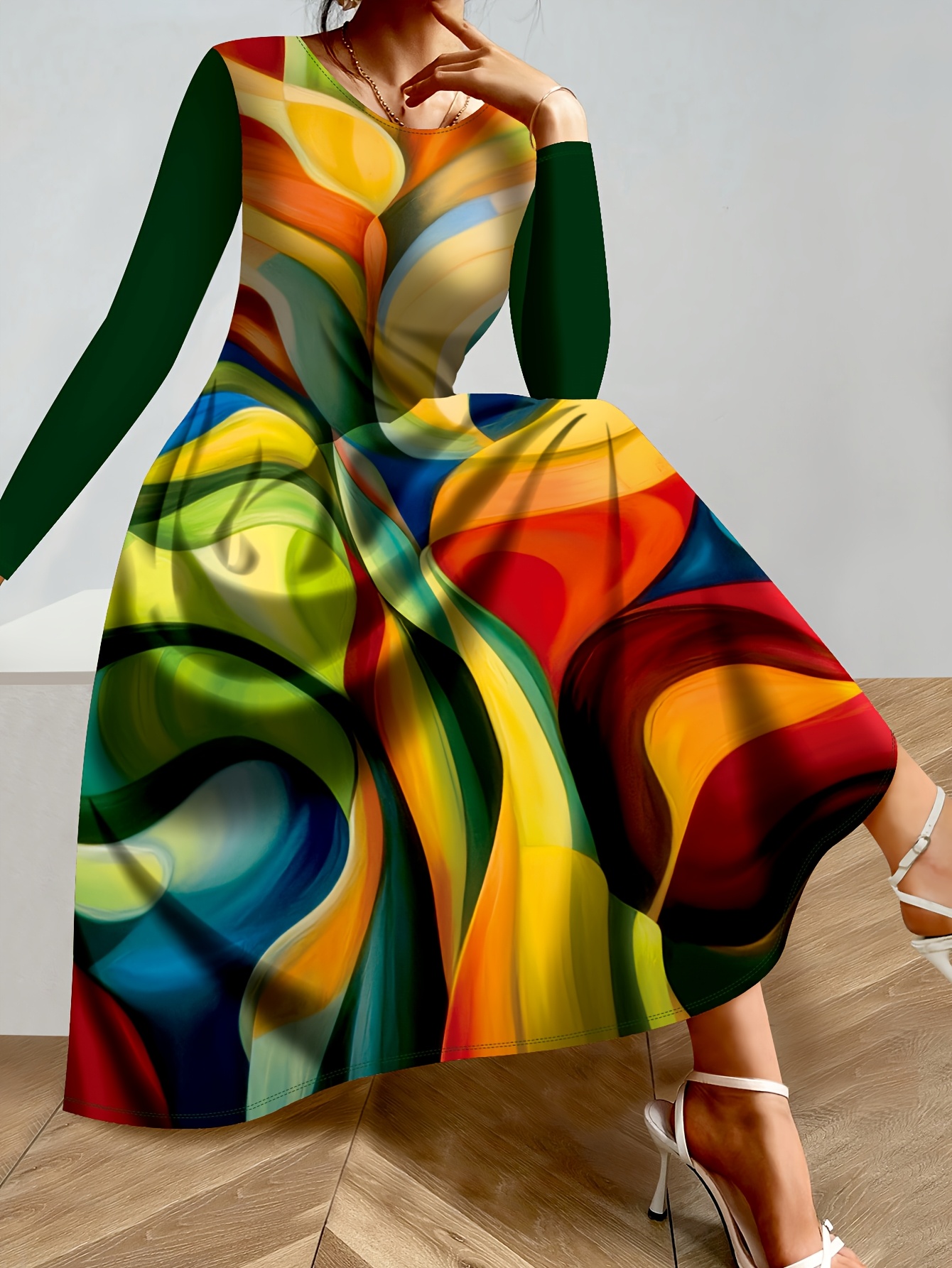 women's elegant art print long sleeve dress - a-line loose fit with vibrant  cultural design, round neck floor-length dress for casual & formal  occasions, hand wash only, cute dresses, artistic occasion wear,