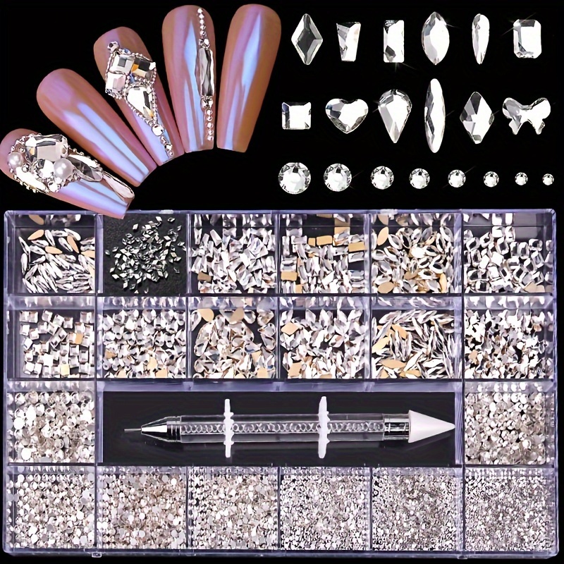 

21 Nail Drill Decoration Set, Glass Flat Bottom Drill Heterotype Ab Drill, With Wax Pencil Flat Head Drill Pen, Suitable For Nails, Shoes And Clothes Diy Art Decoration