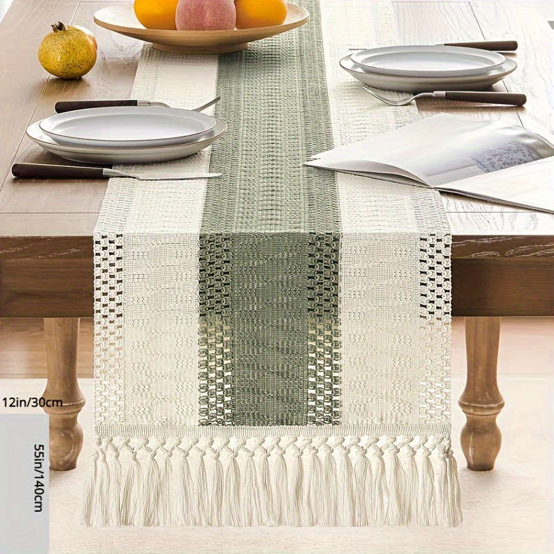 1pc Macrame Style Stitching Table Runner, 12x72 Inches Green/ivory, Boho Table Runners 72 Inches Long, Farmhouse Woven Home Decor