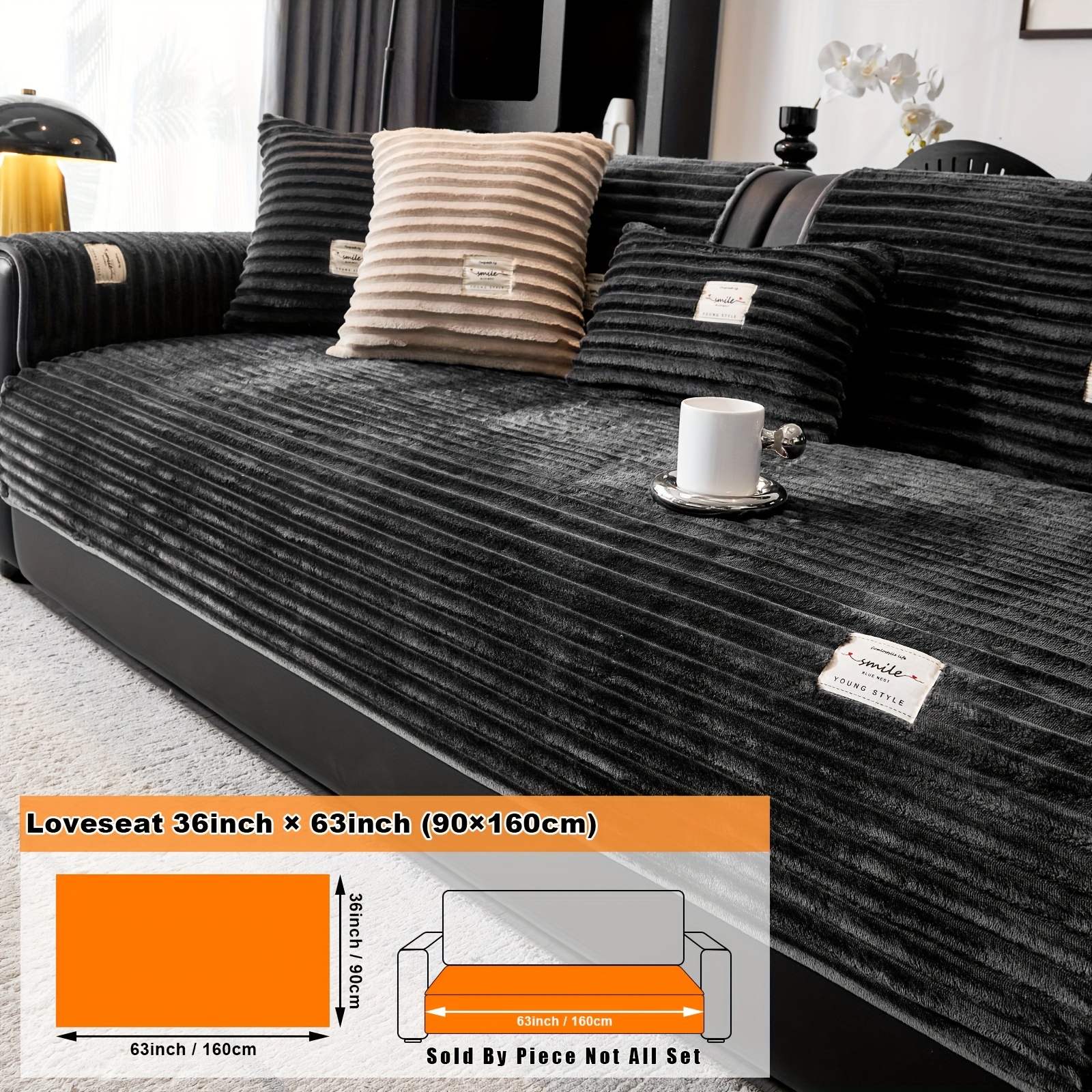 Image of 1pc Shadow Striped Cushion, Western Popular Solid Plush Striped Sofa Cushion, Cloth Label Short Plush Separate Seat Sofa Cover, Sofa Furniture Cover, Pet-friendly Non-slip Sofa Protector