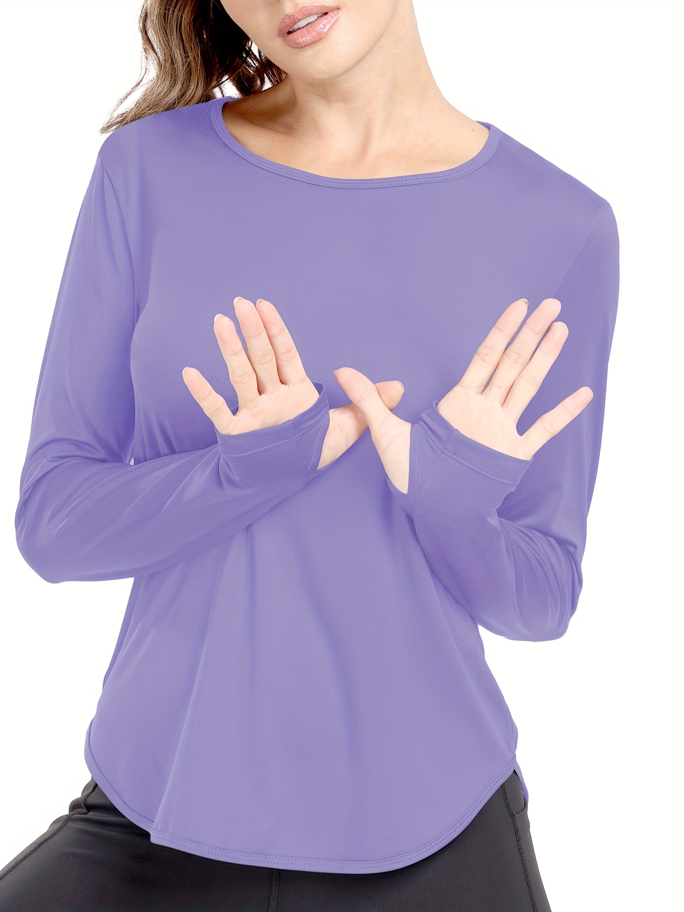 women's breathable long sleeve t shirt thumb holes curved Temu