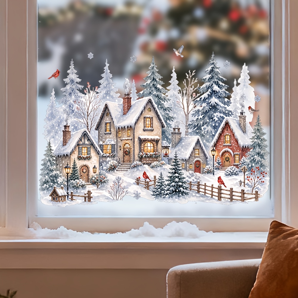 TEMU 1pc 2d Watercolor Winter Snow Cottage Glass Sticker Static Adsorption Forest Birds Village Christmas Self-adhesive Window Decal