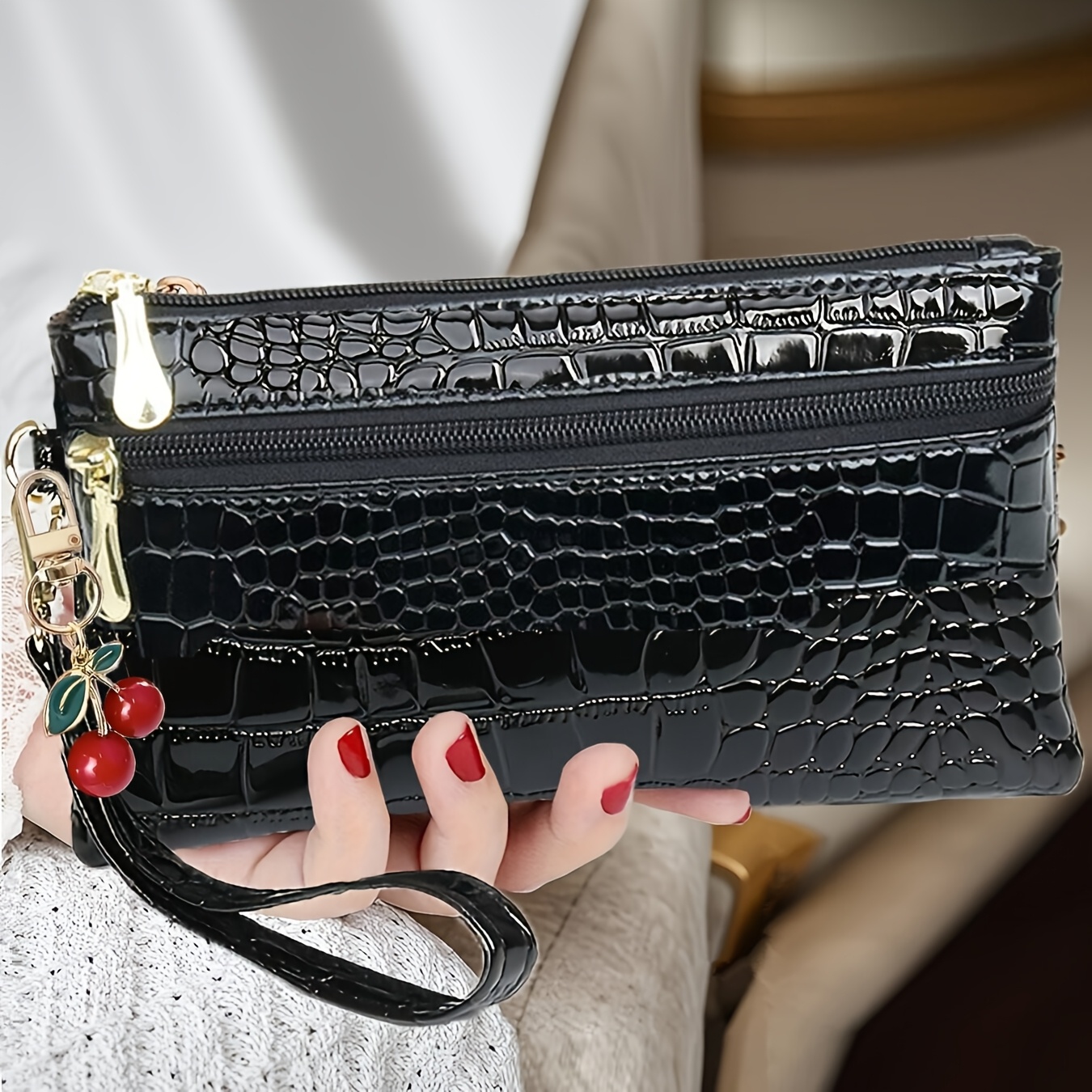 TEMU Cherry Pendant Design Women's Pu Crocodile Pattern Clutch Bag For Work, , Parties, And A Wallet With Multiple Pockets For Phones And , Featuring