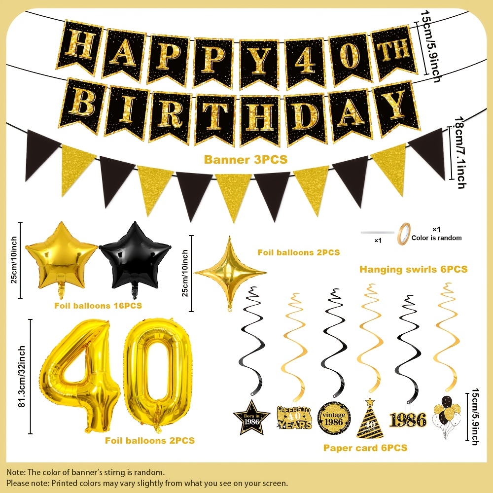 Image of 37pcs Black And Golden 40th Birthday Decorations For Men, 40th Birthday Party Supplies With Banners, Hanging Swirls, 40 Foil Balloons, And Balloons I Perfect For Halloween